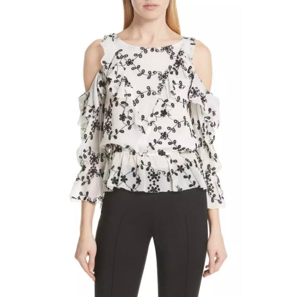 NWT Joie Blouse S White Black Silk Carlyton Floral Eyelet Ruffled Cold Shoulder‎